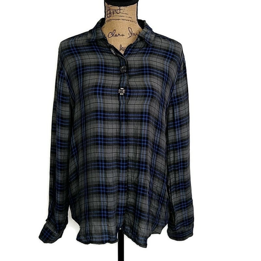 LOFT Button Down Shirt Womens L Grey Blue Plaid Long Sleeve Casual Collared